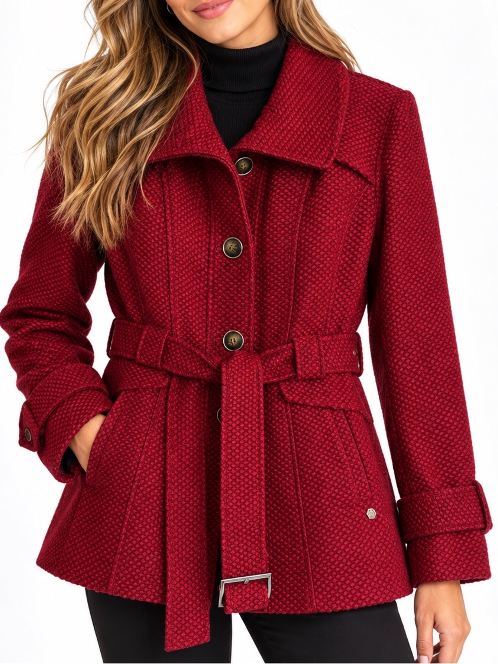 Green Envy Women’s XL Burgundy Red Textured Wool Blend Belted Coat Jacket